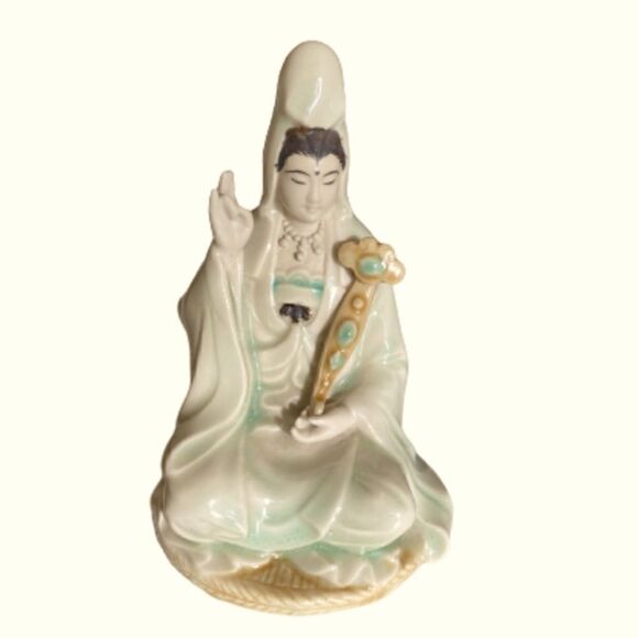 Antique Chinese Guan Yin Statue Green Glazed 5.5” - Picture 1 of 12